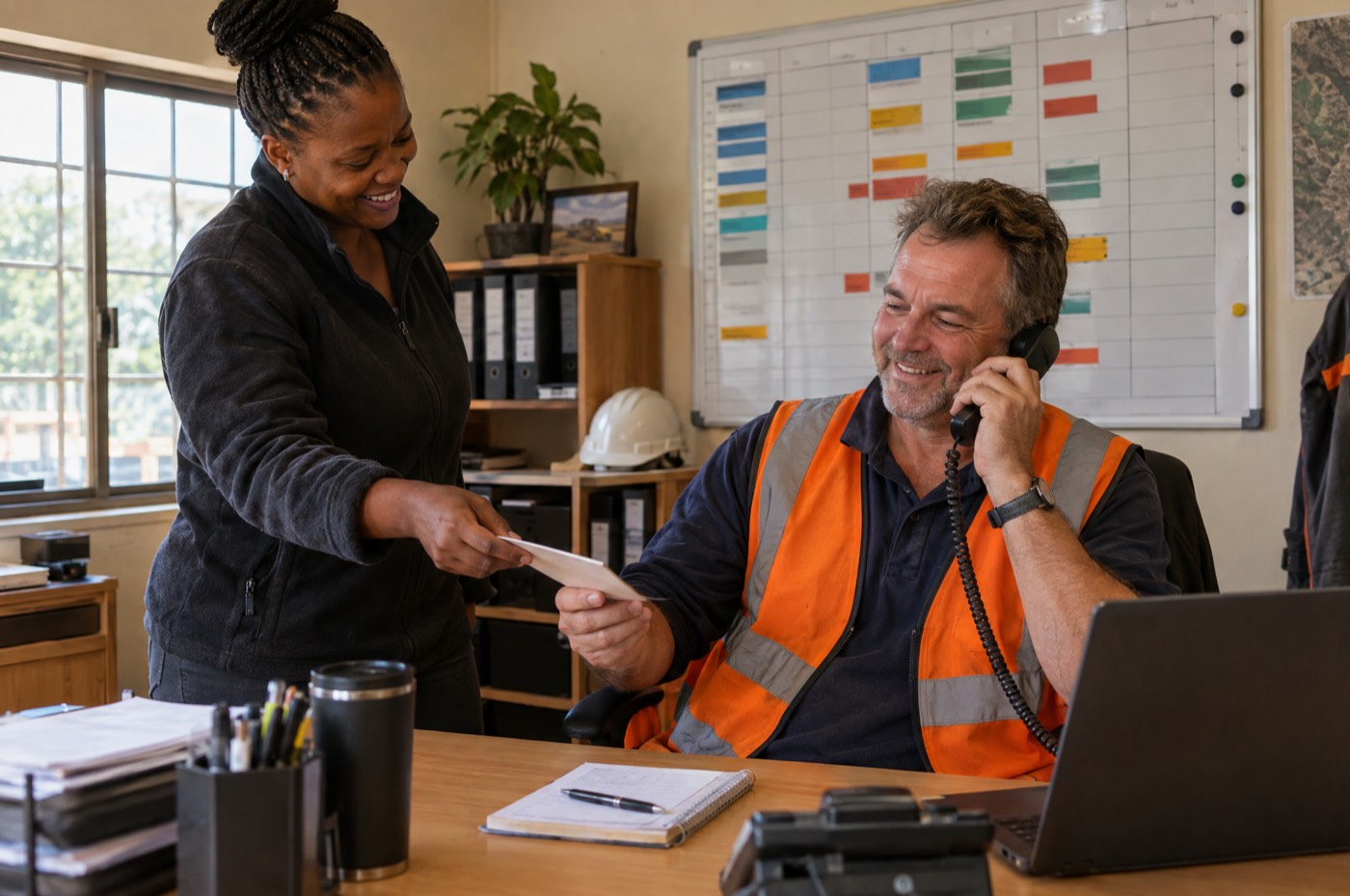 Contractor taking a new client call while a colleague hands him a job card